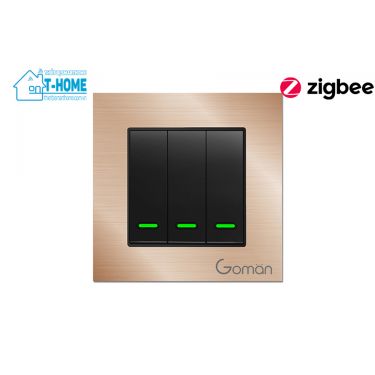 Thiết bị smarthome - Công tắc đèn zigbee mặt nhôm 3 nút Goman gold