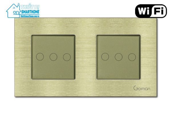 Thiết bị smarthome - Công tắc đèn Wifi mặt nhôm ba nút đôi Goman - vàng