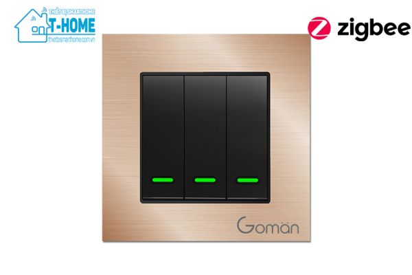 Thiết bị smarthome - Công tắc đèn zigbee mặt nhôm 3 nút Goman gold